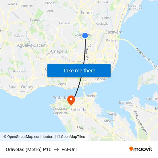 Odivelas (Metro) P10 to Fct-Unl map