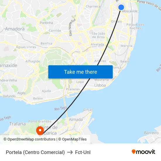 Portela (Centro Comercial) to Fct-Unl map