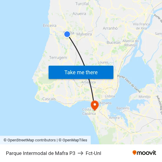 Parque Intermodal de Mafra P3 to Fct-Unl map