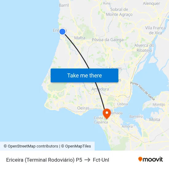 Ericeira (Terminal Rodoviário) P5 to Fct-Unl map