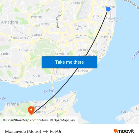 Moscavide (Metro) to Fct-Unl map