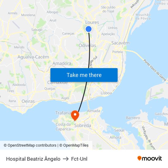 Hospital Beatriz Ângelo to Fct-Unl map