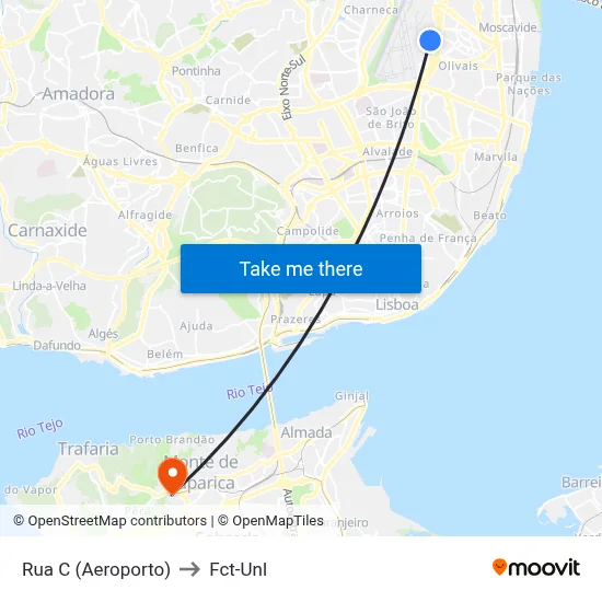 Rua C (Aeroporto) to Fct-Unl map