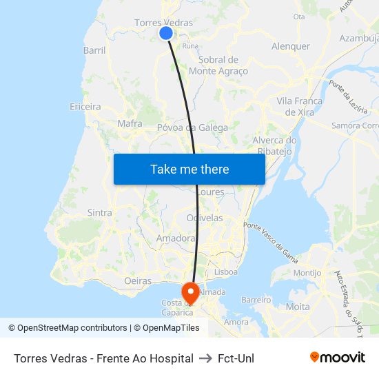 Torres Vedras - Frente Ao Hospital to Fct-Unl map