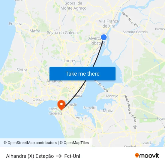 Alhandra (X) Estação to Fct-Unl map