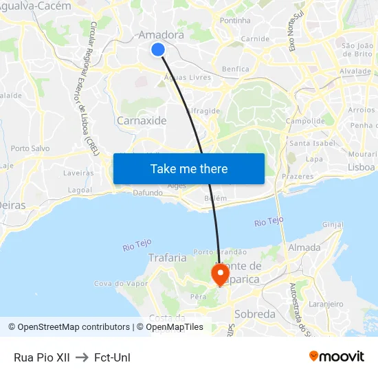 Rua Pio XII to Fct-Unl map