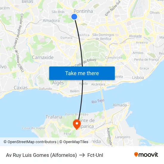 Av Ruy Luis Gomes (Alfornelos) to Fct-Unl map