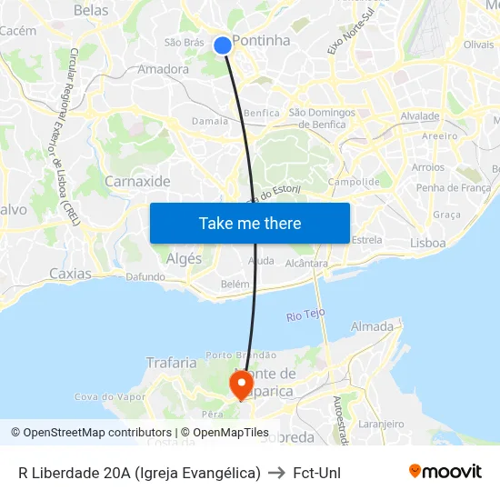 R Liberdade 20A (Igreja Evangélica) to Fct-Unl map
