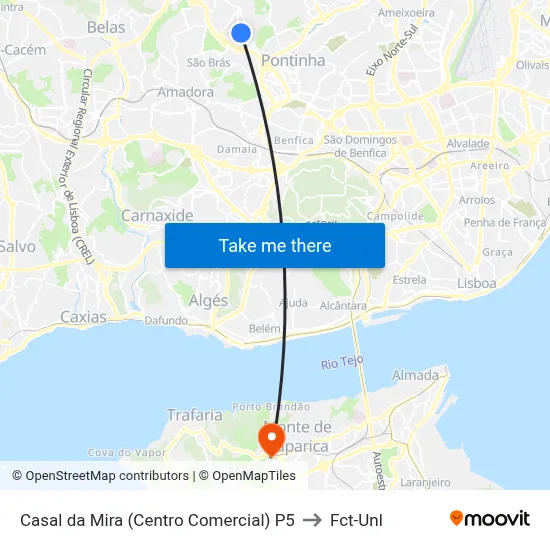 Casal da Mira (Centro Comercial) P5 to Fct-Unl map