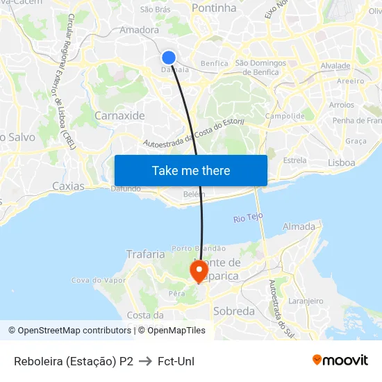 Reboleira (Estação) P2 to Fct-Unl map