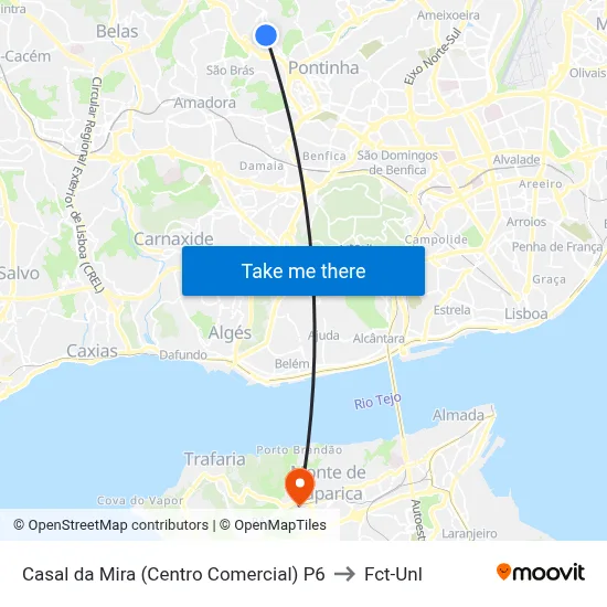 Casal da Mira (Centro Comercial) P6 to Fct-Unl map