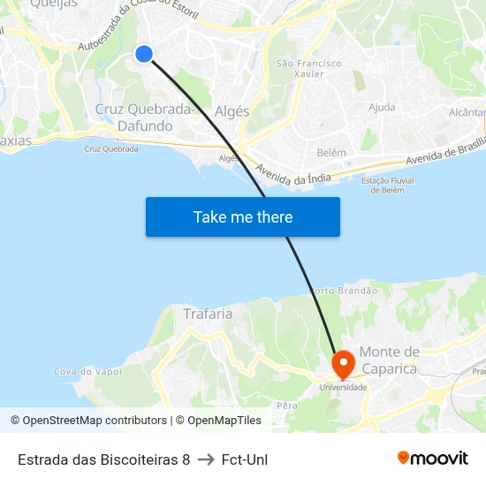 Estrada das Biscoiteiras 8 to Fct-Unl map