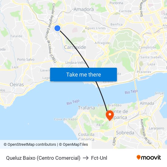 Queluz Baixo (Centro Comercial) to Fct-Unl map