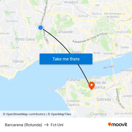 Barcarena (Rotunda) to Fct-Unl map