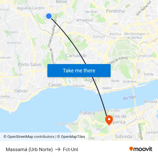 Massamá (Urb Norte) to Fct-Unl map