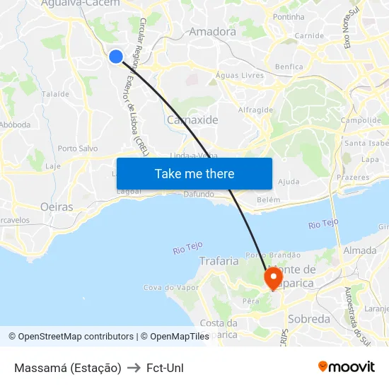 Massamá (Estação) to Fct-Unl map