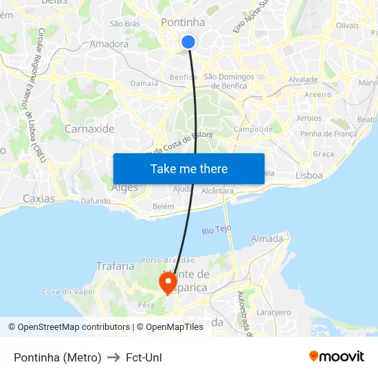 Pontinha (Metro) to Fct-Unl map