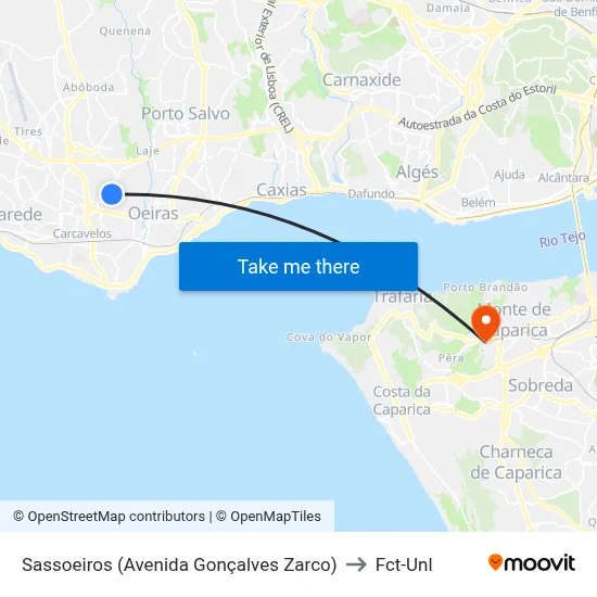 Sassoeiros (Avenida Gonçalves Zarco) to Fct-Unl map
