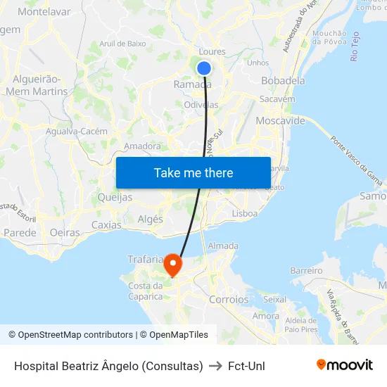 Hospital Beatriz Ângelo (Consultas) to Fct-Unl map