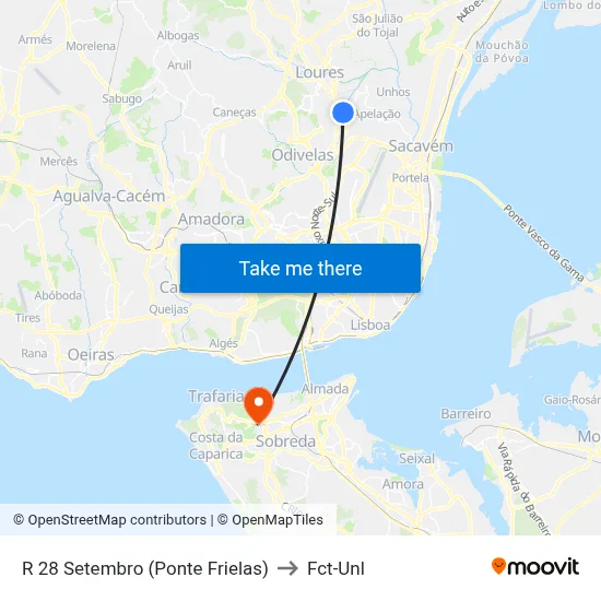 R 28 Setembro (Ponte Frielas) to Fct-Unl map