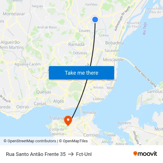Rua Santo Antão Frente 35 to Fct-Unl map