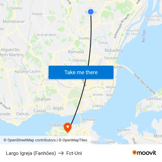 Largo Igreja (Fanhões) to Fct-Unl map