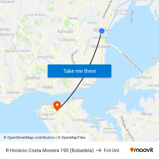 R Horácio Costa Moreira 190 (Bobadela) to Fct-Unl map