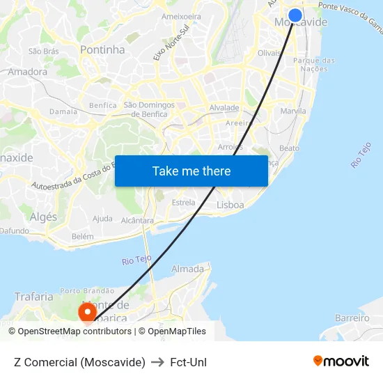Z Comercial (Moscavide) to Fct-Unl map