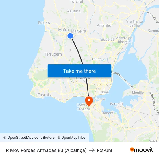 R Mov Forças Armadas 83 (Alcainça) to Fct-Unl map