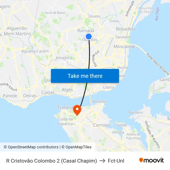 R Cristovão Colombo 2 (Casal Chapim) to Fct-Unl map