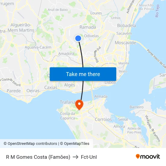 R M Gomes Costa (Famões) to Fct-Unl map