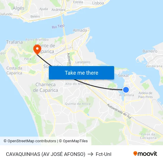 CAVAQUINHAS (AV JOSÉ AFONSO) to Fct-Unl map