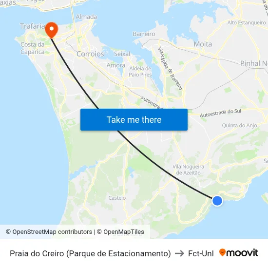 Praia do Creiro (Parque de Estacionamento) to Fct-Unl map