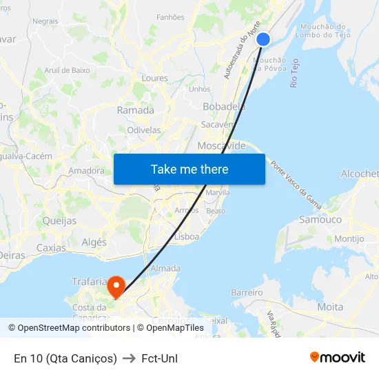 En 10 (Qta Caniços) to Fct-Unl map