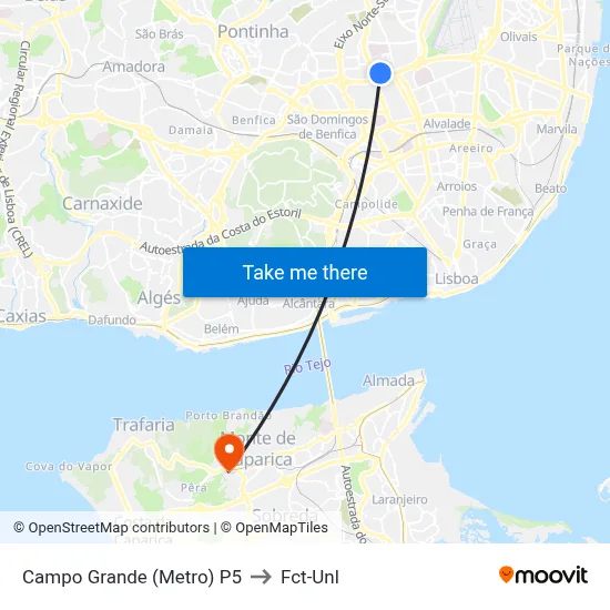 Campo Grande (Metro) P5 to Fct-Unl map