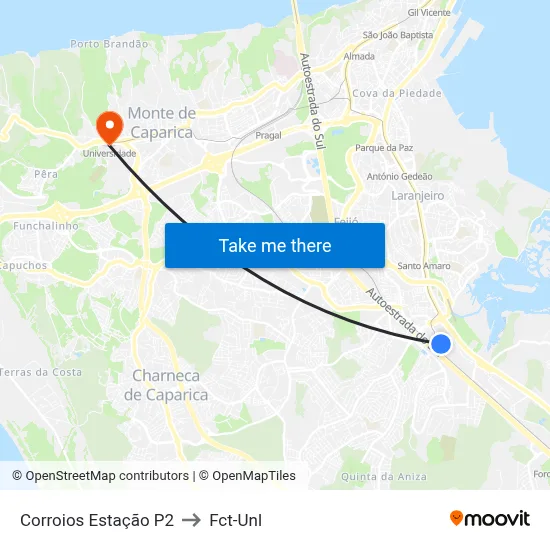 Corroios Estação P2 to Fct-Unl map