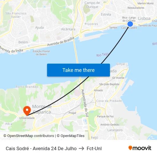 Cais Sodré - Avenida 24 De Julho to Fct-Unl map