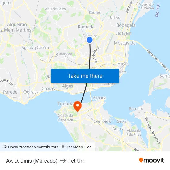 Av. D. Dinis (Mercado) to Fct-Unl map