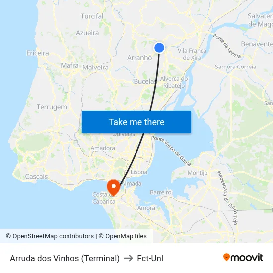Arruda dos Vinhos (Terminal) to Fct-Unl map