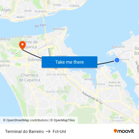 Terminal do Barreiro to Fct-Unl map