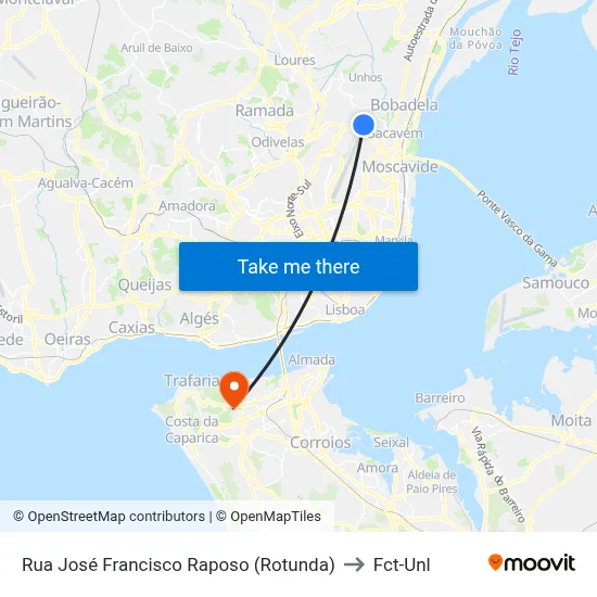 Rua José Francisco Raposo (Rotunda) to Fct-Unl map