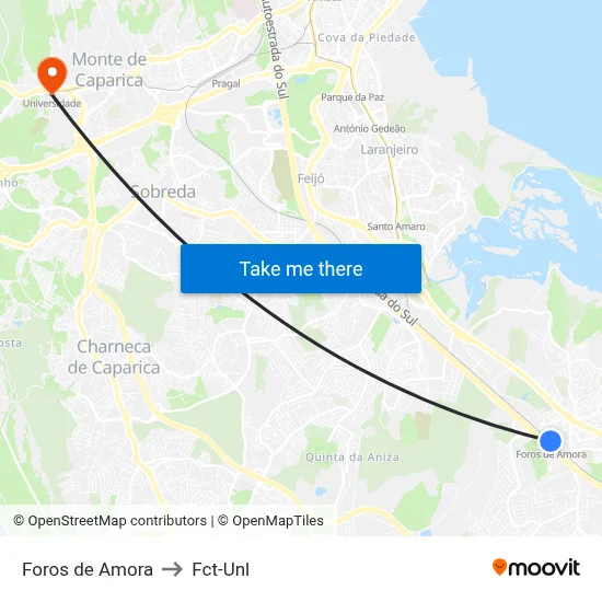 Foros de Amora to Fct-Unl map