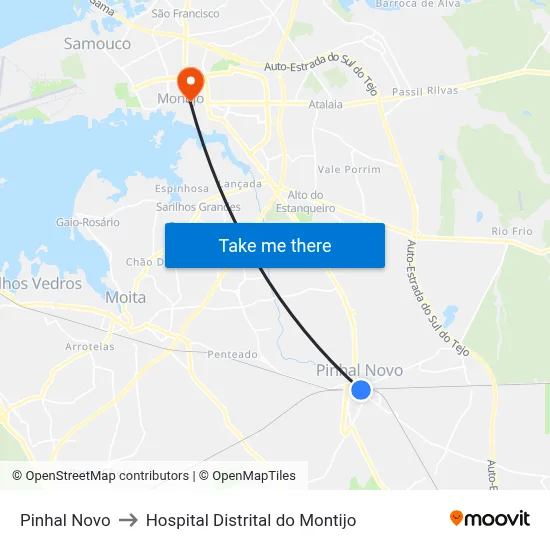 Pinhal Novo to Hospital Distrital do Montijo map
