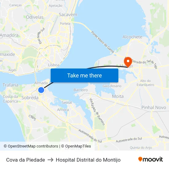 Cova da Piedade to Hospital Distrital do Montijo map