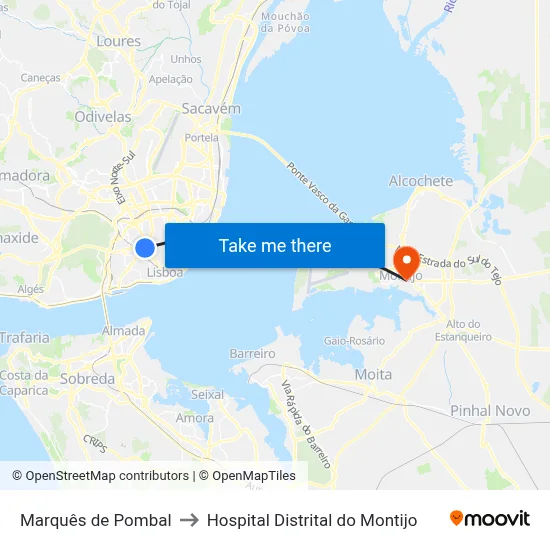 Marquês de Pombal to Hospital Distrital do Montijo map
