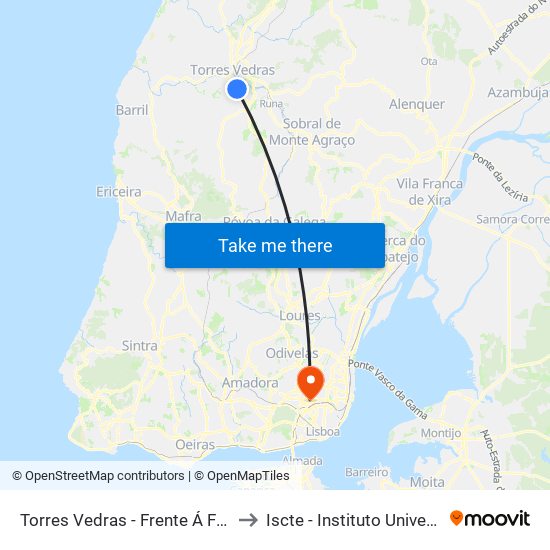 Torres Vedras - Frente Á Fundição Dois Portos to Iscte - Instituto Universitário De Lisboa map