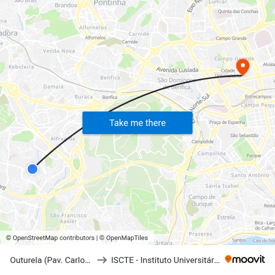 Outurela (Pav. Carlos Queiroz) to ISCTE - Instituto Universitário de Lisboa map
