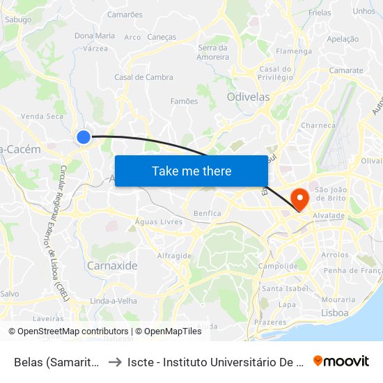 Belas (Samaritana) to Iscte - Instituto Universitário De Lisboa map