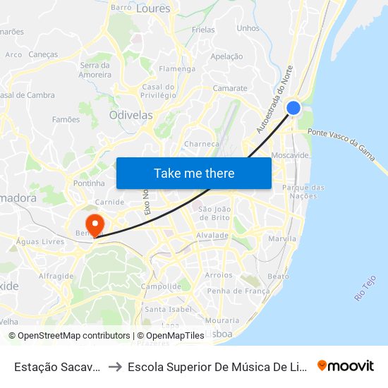 Estação Sacavém to Escola Superior De Música De Lisboa map