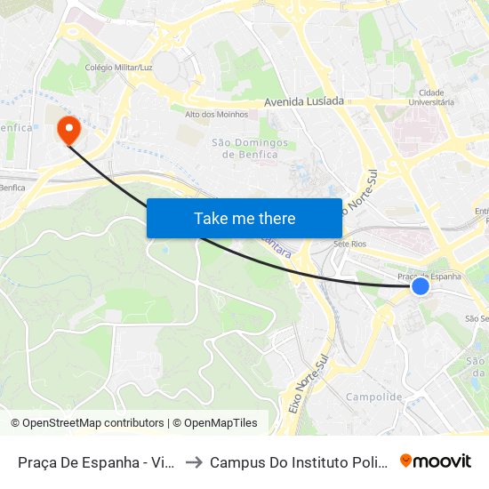 Praça De Espanha - Viaduto Da Av. Gulbenkian to Campus Do Instituto Politécnico De Lisboa - Benfica map